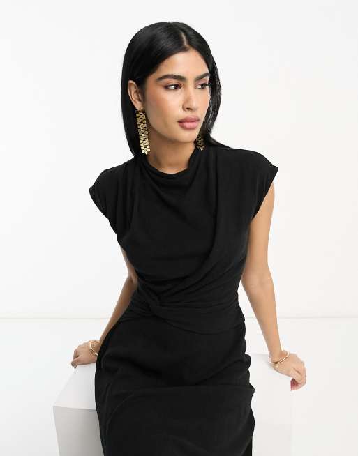 ASOS DESIGN linen high neck twist front midi dress in black | ASOS