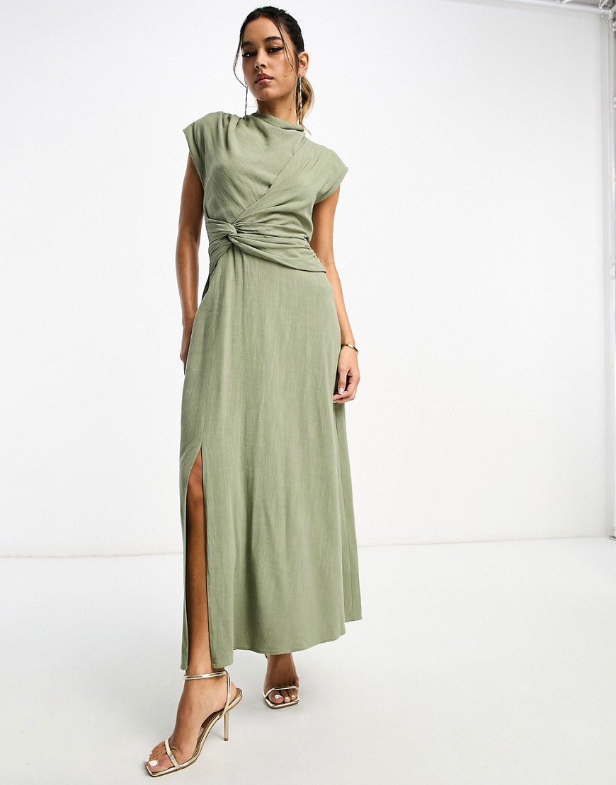 ASOS DESIGN linen high neck twist front midi dress in khaki-Green