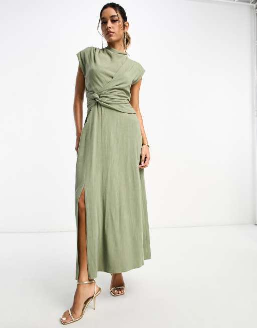 ASOS DESIGN sleeveless high neck maxi dress with ruched skirt in khaki