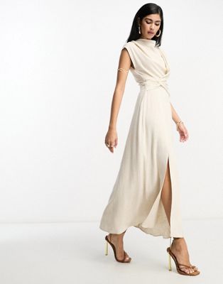 ASOS DESIGN linen high neck twist front midi dress in natural | ASOS