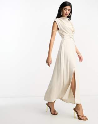 Asos Design Linen High Neck Twist Front Midi Dress In Natural-neutral In Neutral