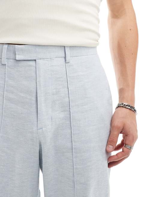 ASOS DESIGN linen high waist wide leg smart pants in light blue herringbone, 2 of 5