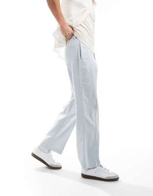 ASOS DESIGN ASOS DESIGN linen high waist wide leg smart trousers in light blue herringbone