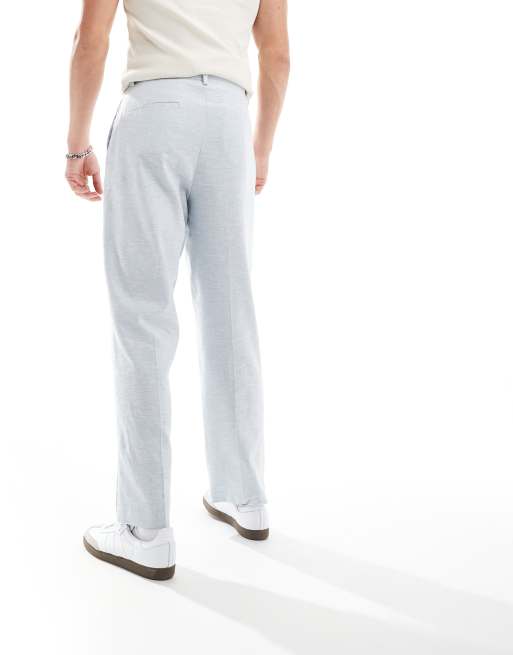 ASOS DESIGN linen high waist wide leg smart trousers in light blue herringbone, 3 of 5