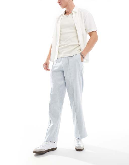 ASOS DESIGN linen high waist wide leg smart trousers in light blue herringbone, 5 of 5