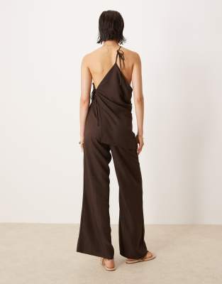 Asos Design Linen Jumpsuit With Asymmetric Ties In Brown