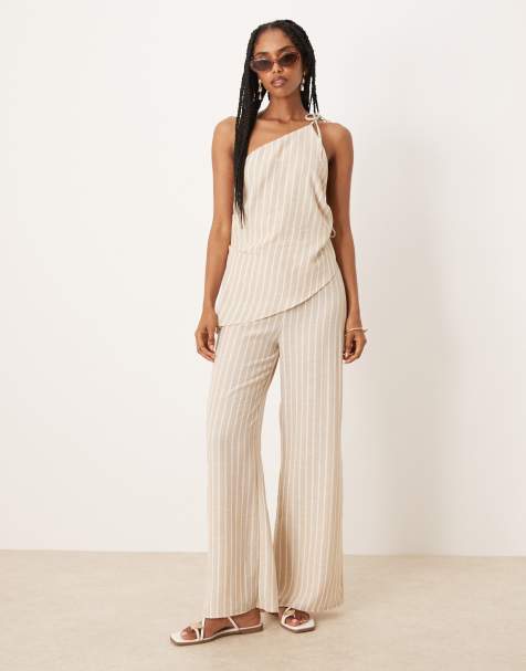 ASOS DESIGN linen jumpsuit with asymmetric ties in stone stripe - view 1