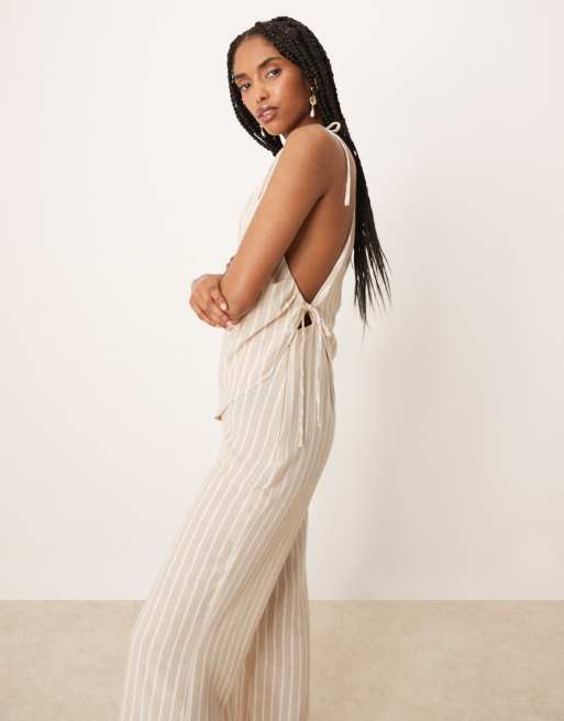 ASOS DESIGN linen jumpsuit with asymmetric ties in stone stripe, 2 of 4