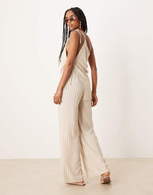 ASOS DESIGN linen jumpsuit with asymmetric ties in stone stripe, 3 of 4