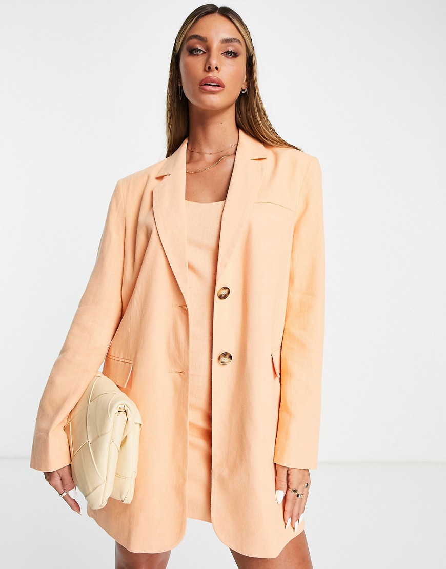 ASOS DESIGN linen long line suit blazer in peach-Orange