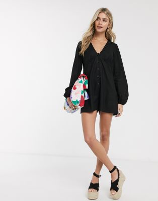 ASOS DESIGN linen long sleeve swing tea playsuit in black