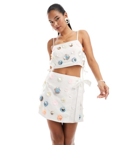ASOS DESIGN linen look 3D embellishment mini skirt in natural - view 1
