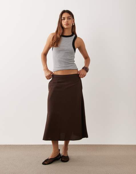 ASOS DESIGN linen look a-line midi skirt in chocoate brown - view 1