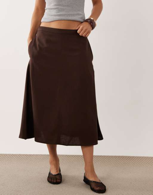 ASOS DESIGN linen look a-line midi skirt in chocolate brown, 2 of 5