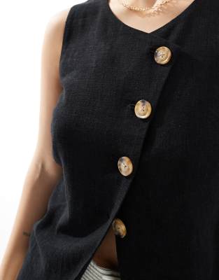 Asos Design Linen Look Asymmetric Button Front Vest In Black