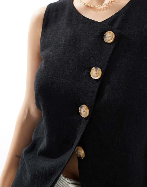 ASOS DESIGN linen look asymmetric button front vest in black, 2 of 4