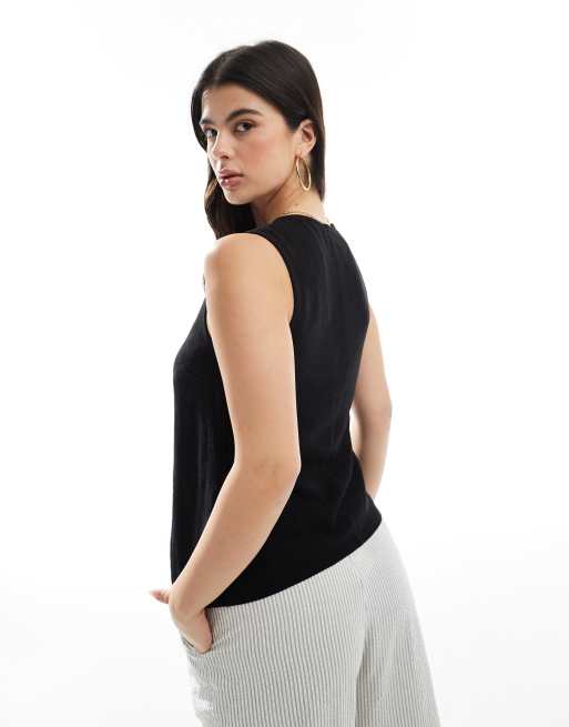 ASOS DESIGN linen look asymmetric button front vest in black, 4 of 4