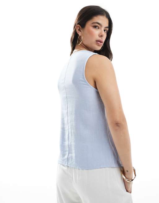 ASOS DESIGN linen look asymmetric button front vest in blue, 2 of 4