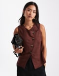 [ASOS DESIGN] ASOS DESIGN linen look asymmetric button front waistcoat in chocolate-Brown 18 Chocolate