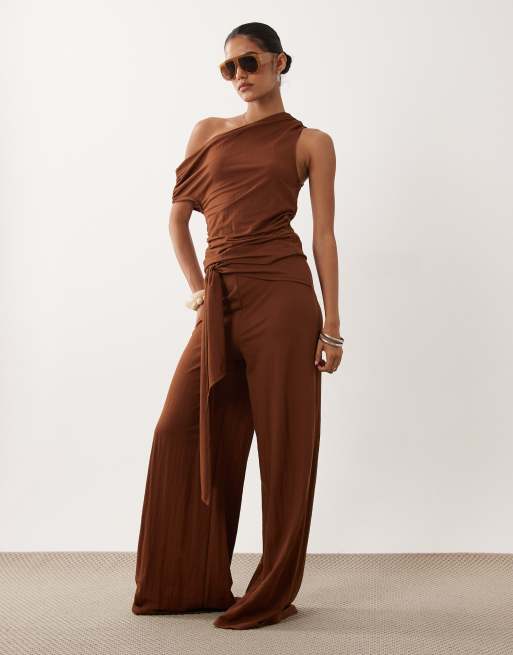 ASOS DESIGN linen look asymmetric cowl neck top co-ord in rust, 2 of 4