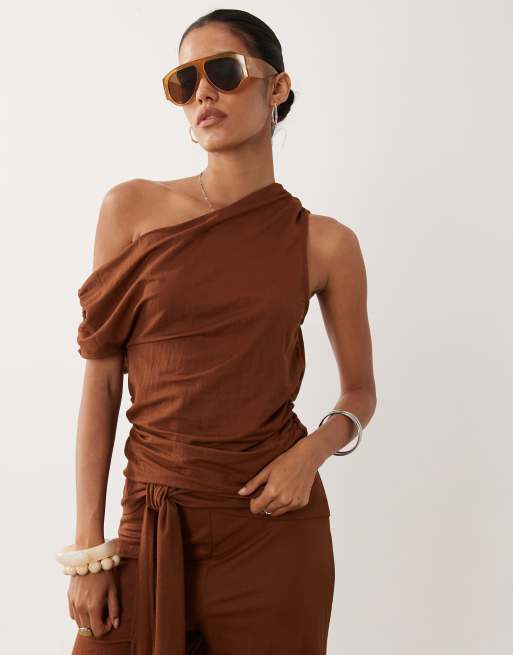 ASOS DESIGN linen look asymmetric cowl neck top co-ord in rust, 3 of 4