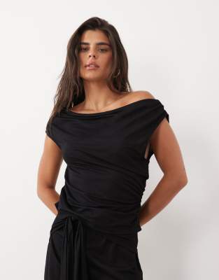 Asos Design Linen Look Asymmetric Cowl Neck Top In Black