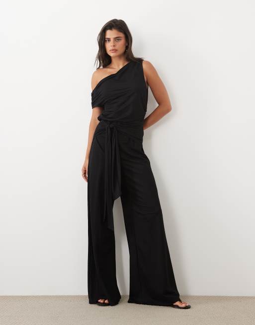 ASOS DESIGN linen look asymmetric cowl neck top in black, 3 of 4