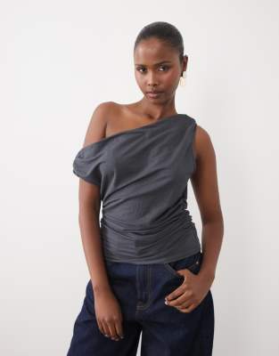 Asos Design Linen Look Asymmetric Cowl Neck Top In Grey