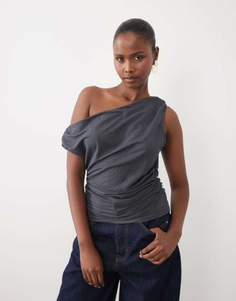 ASOS DESIGN linen look asymmetric cowl neck top in charcoal - view 1