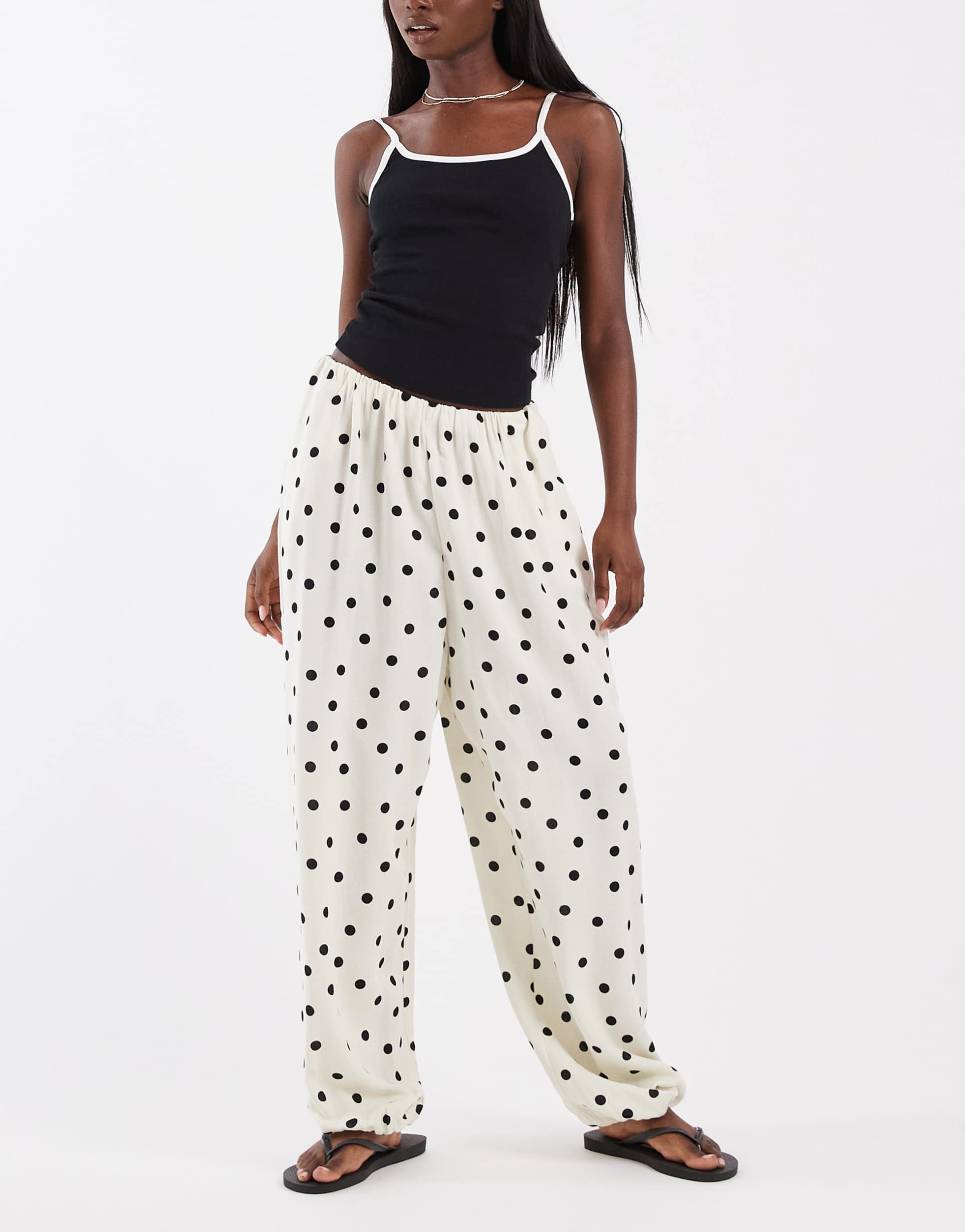 asos design linen look balloon pants in polka dot print