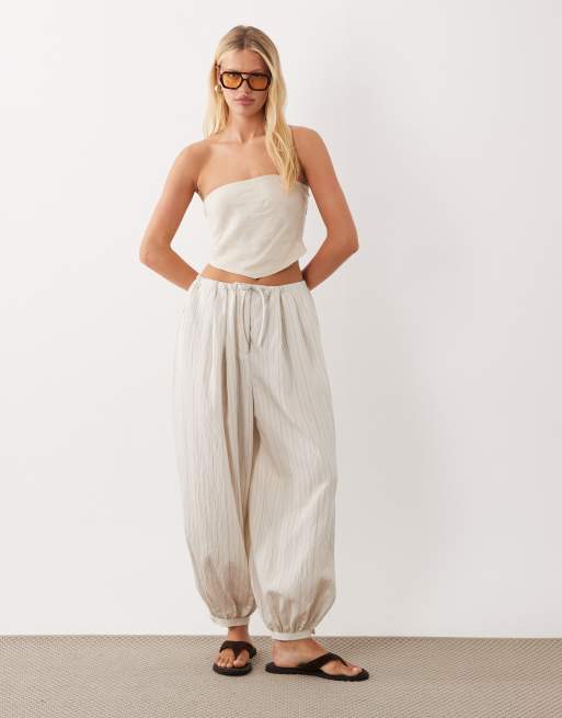 ASOS DESIGN linen look bandeau scarf top with shirred back in stone, 2 of 4