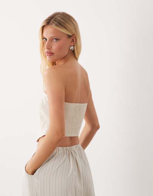 ASOS DESIGN linen look bandeau scarf top with shirred back in stone, 4 of 4
