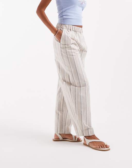 ASOS DESIGN linen look barrel leg pants in neutral stripes, 2 of 4