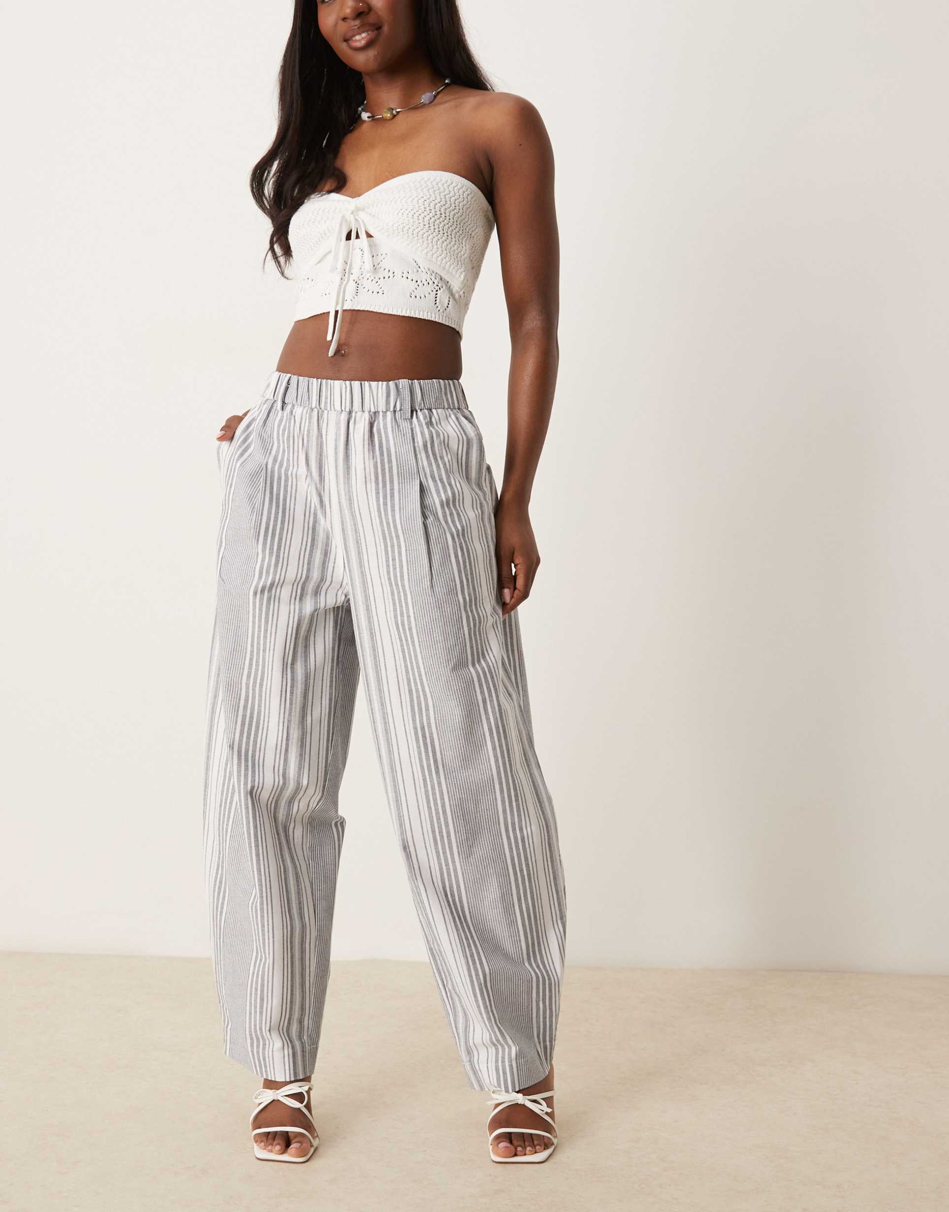 asos design linen look barrel pants in black stripe