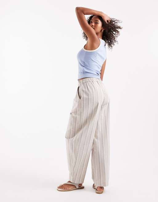 ASOS DESIGN linen look barrel pants in neutral stripe