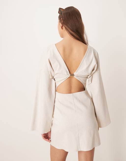 ASOS DESIGN linen look bengaline flared sleeve open back mini dress in oatmeal