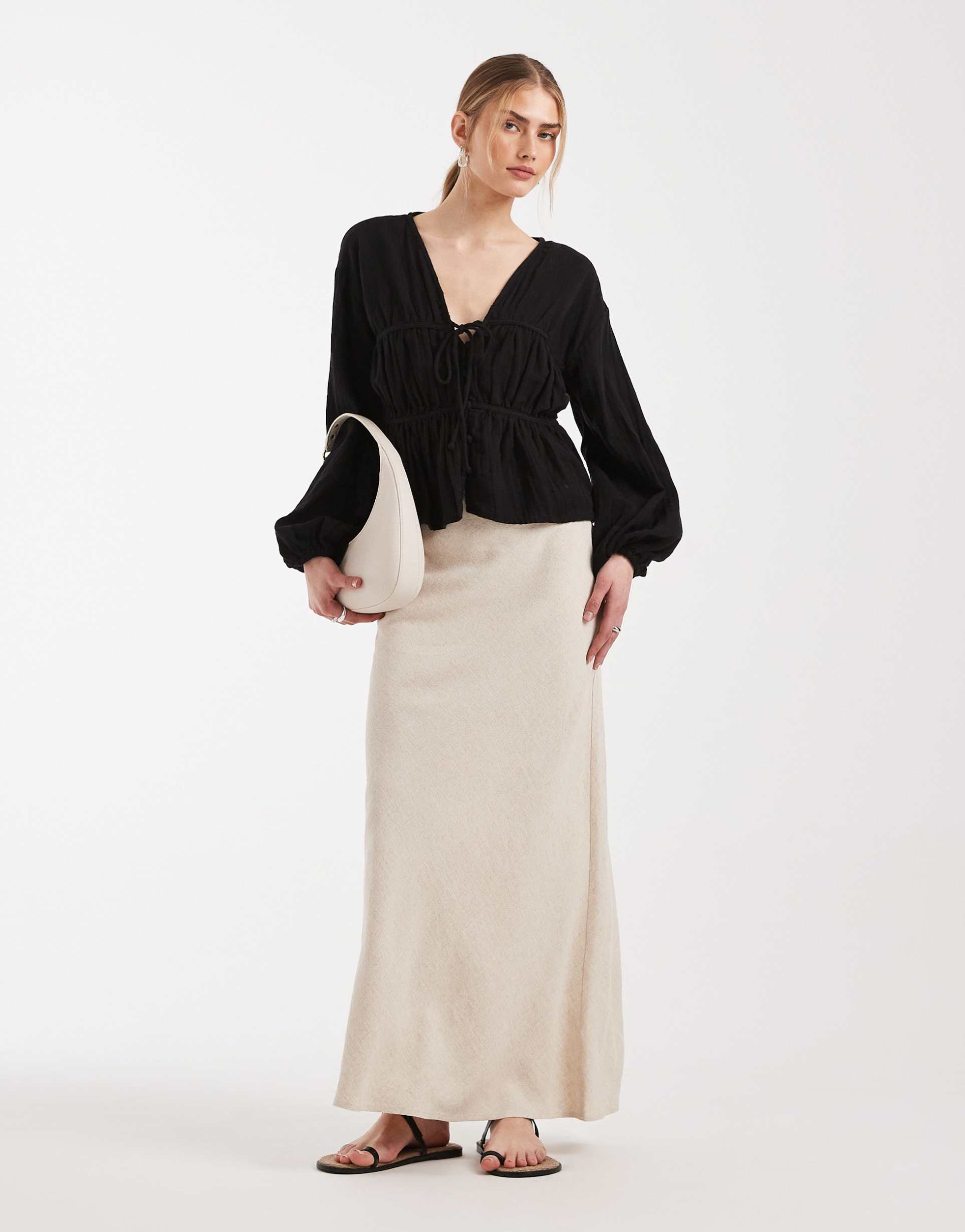 asos design linen look bias cut midaxi skirt in stone