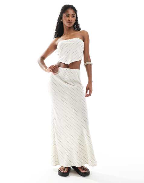 ASOS DESIGN linen look bias maxi skirt set in natural stripe - view 1