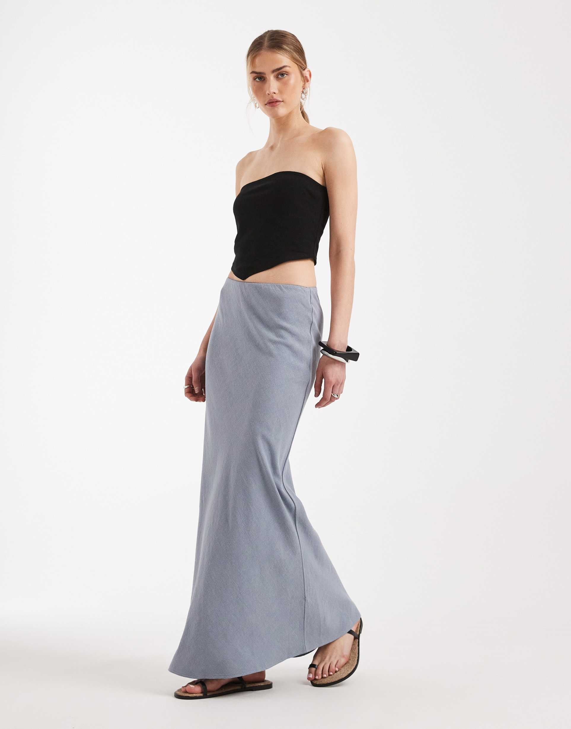 asos design linen look bias midaxi skirt in blue