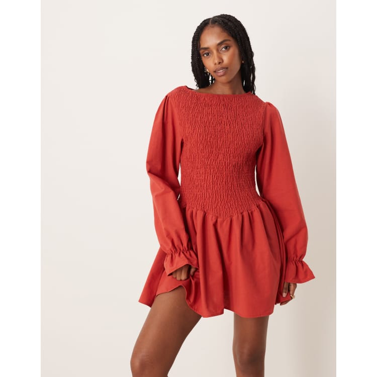 ASOS Design Linen Look Blend Shirred Mini Dress in Red
