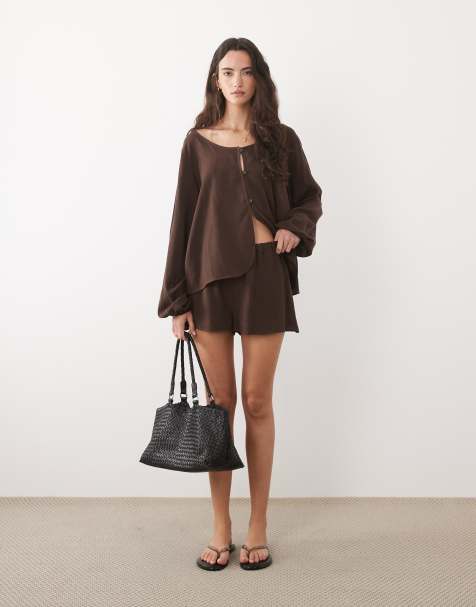 ASOS DESIGN linen look bloomer shorts in chocolate - part of a set - view 1