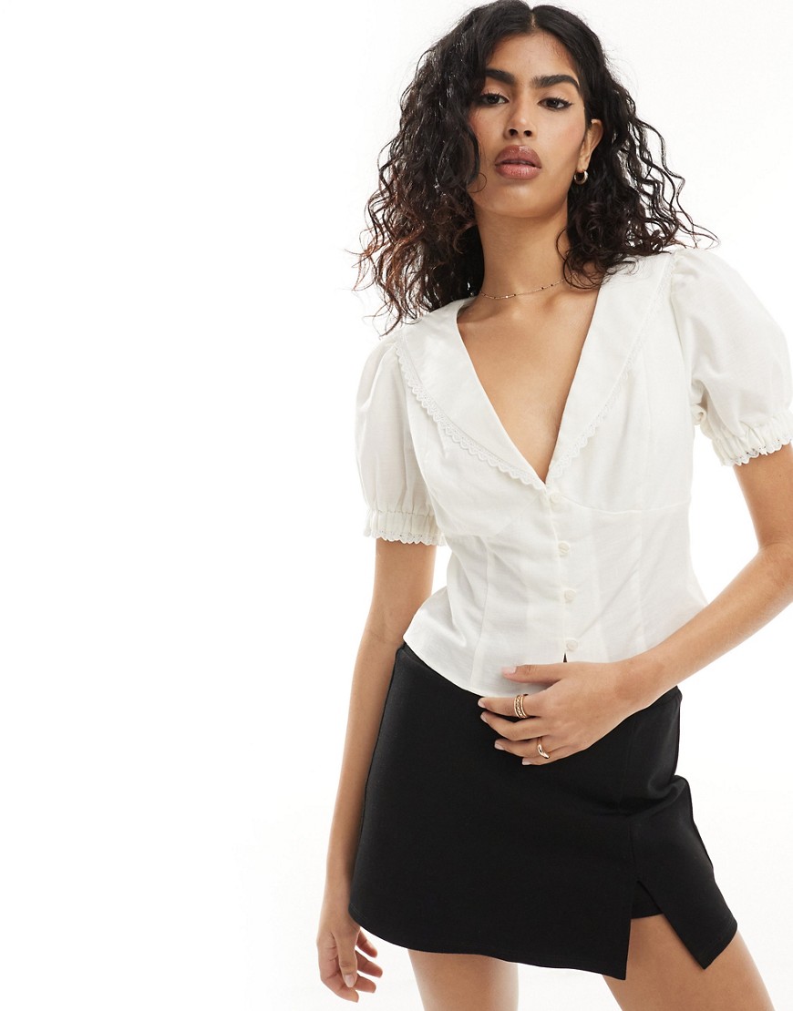 Asos Design Linen Look Blouse With Broderie Trim In Ivory-white
