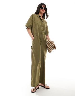 ASOS DESIGN linen look boilersuit with contrast stitch in khaki