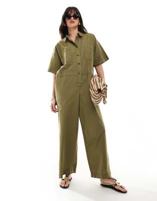 ASOS DESIGN linen look boilersuit with contrast stitch in khaki-Green