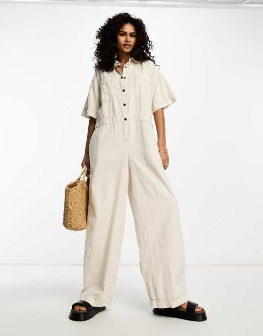 ASOS DESIGN linen look boilersuit with contrast stitch in oatmeal