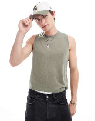Asos Design Linen Look Boxy Tank Top In Green