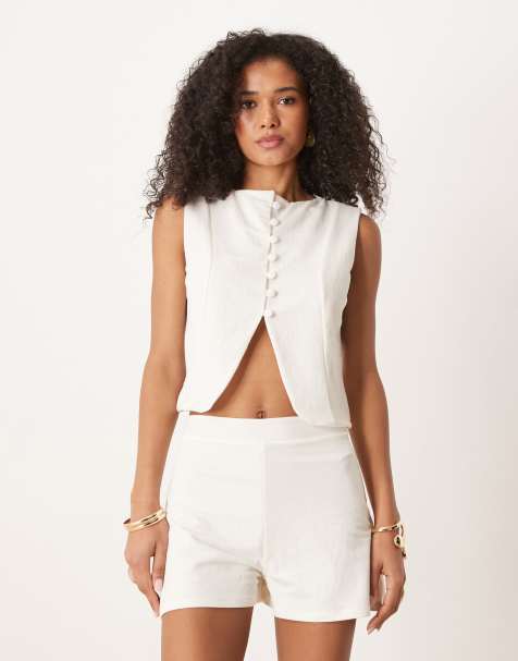 ASOS DESIGN linen look boxy vest in ivory - part of a set - view 1