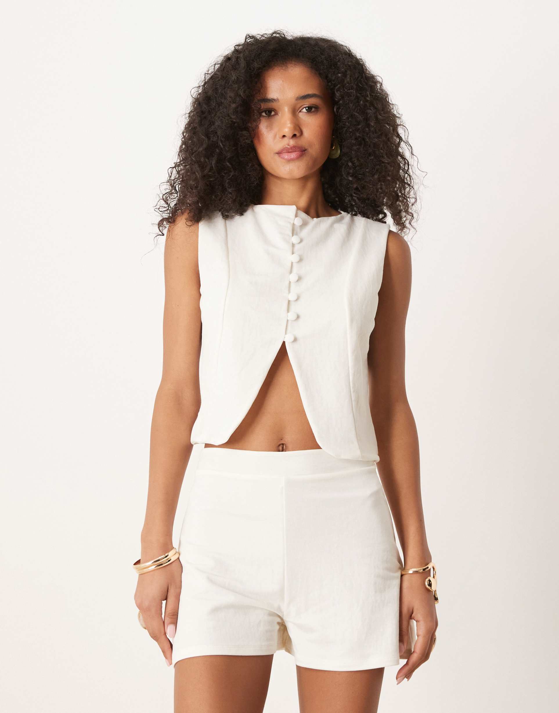 asos design linen look boxy vest in ivory - part of a set