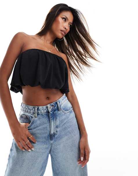 ASOS DESIGN linen look bubble crop top in black - view 1