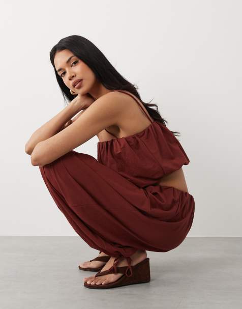 ASOS DESIGN linen look bubble cropped cami top in rust red (part of a set) - view 1